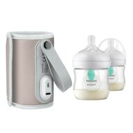 Set incalzitor biberoane, Lionelo, ThermUp Go, portabil, USB, Roz + 2x biberoane, Philips Avent, Cu supapa AirFree, 0 luni+, 125 ml, Alb