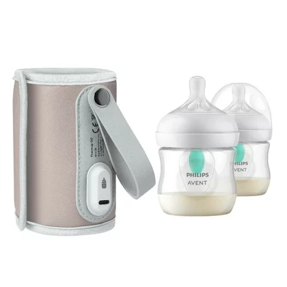 Set incalzitor biberoane, Lionelo, ThermUp Go, portabil, USB, Roz + 2x biberoane, Philips Avent, Cu supapa AirFree, 0 luni+, 125 ml, Alb