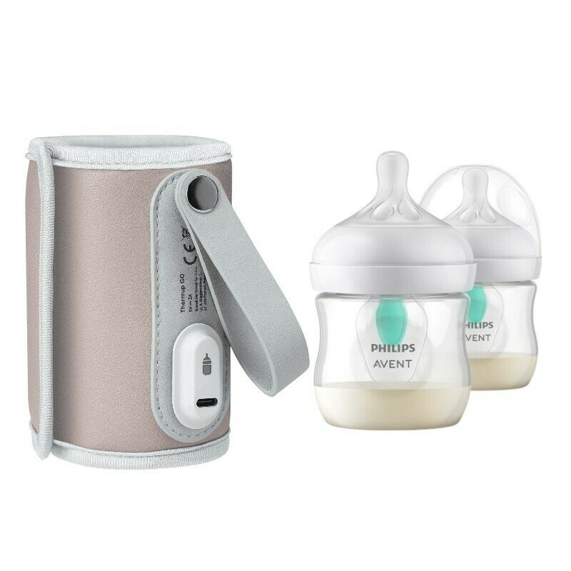 Set incalzitor biberoane, Lionelo, ThermUp Go, portabil, USB, Roz + 2x biberoane, Philips Avent, Cu supapa AirFree, 0 luni+, 125 ml, Alb