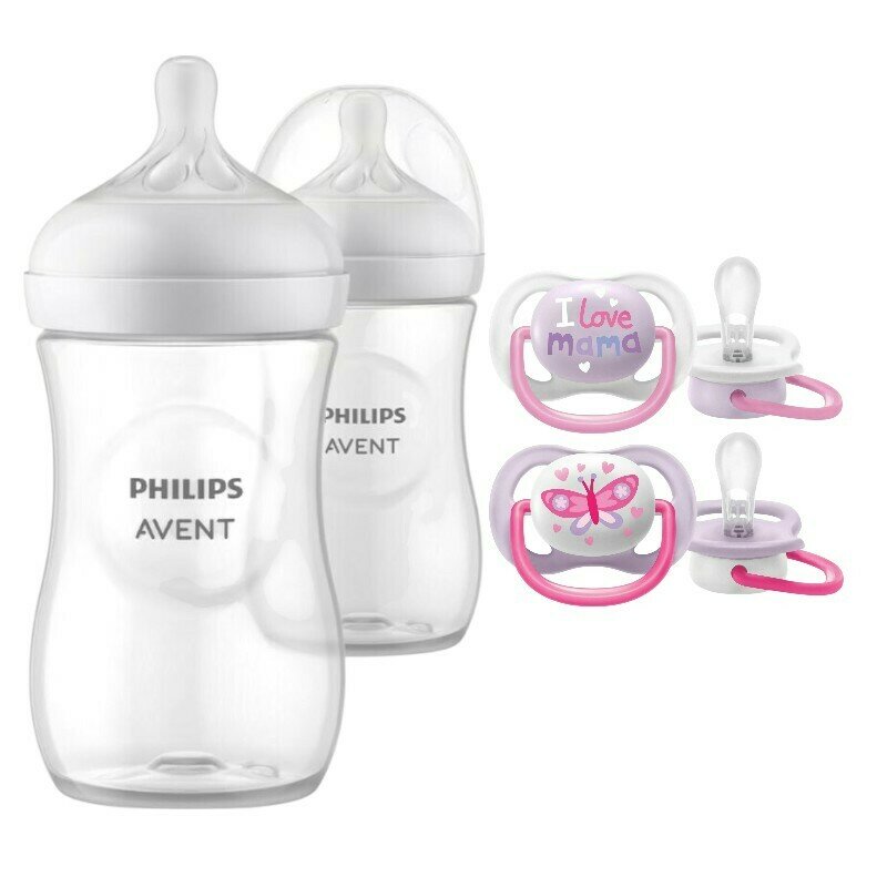 Set ingrijire Philips Avent: Biberon anticolici, Natural Response, 260 ml, 1 luni+, 2 buc + Suzete Ultra Air, 2 buc, 0-6 luni, Din silicon, Roz