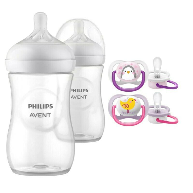Set ingrijire Philips Avent: Biberon anticolici, Natural Response, 260 ml, 1 luni+, 2 buc + Suzete Ultra air, 2 buc, 0-6 luni, Din silicon, Roz/Mov