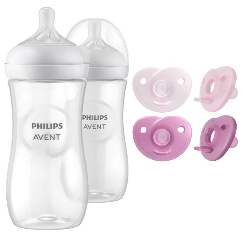 Set ingrijire Philips Avent: Biberon anticolici, Natural Response, 330 ml, 3 luni+, 2 buc + Suzete Soothie, 2 buc, 0-6 luni, Din silicon, Roz