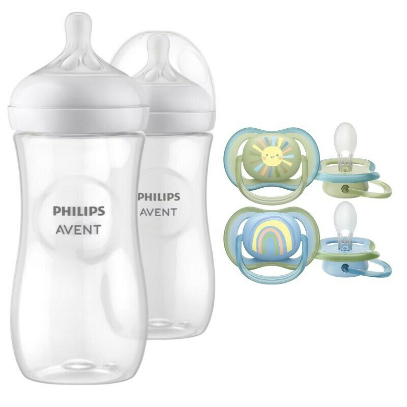 Set ingrijire Philips Avent: Biberon anticolici, Natural Response, 330 ml, 3 luni+, 2 buc + Suzete Ultra air, 0-6 luni, 2 buc, Din silicon, Albastru/Verde
