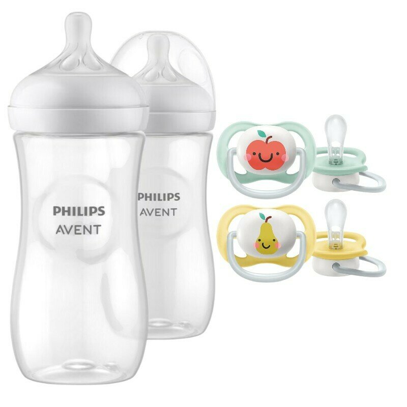 Set ingrijire Philips Avent: Biberon anticolici, Natural Response, 330 ml, 3 luni+, 2 buc + Suzete Ultra Air, Ortodontice, 2 buc, 0-6 luni, Din silicon, Verde/Galben