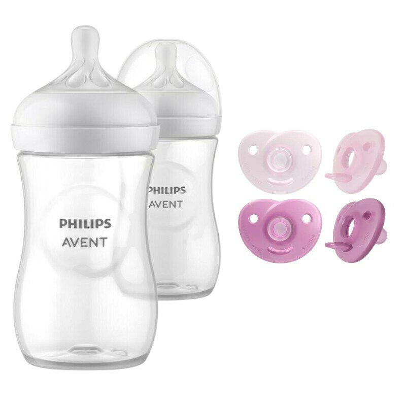 Set ingrijire Philips Avent: Biberon anticolici, Natural Response, 260 ml, 1 luni+, 2 buc + Suzete Soothie, 2 buc, 0-6 luni, Din silicon, Roz