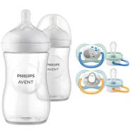 Set ingrijire Philips Avent: Biberon anticolici, Natural Response, 260 ml, 1 luni+, 2 buc + Suzete Ultra Air, 2 buc, 0-6 luni, Din silicon, Albastru/Portocaliu
