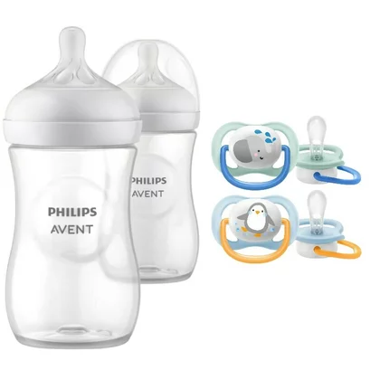 Set ingrijire Philips Avent: Biberon anticolici, Natural Response, 260 ml, 1 luni+, 2 buc + Suzete Ultra Air, 2 buc, 0-6 luni, Din silicon, Albastru/Portocaliu
