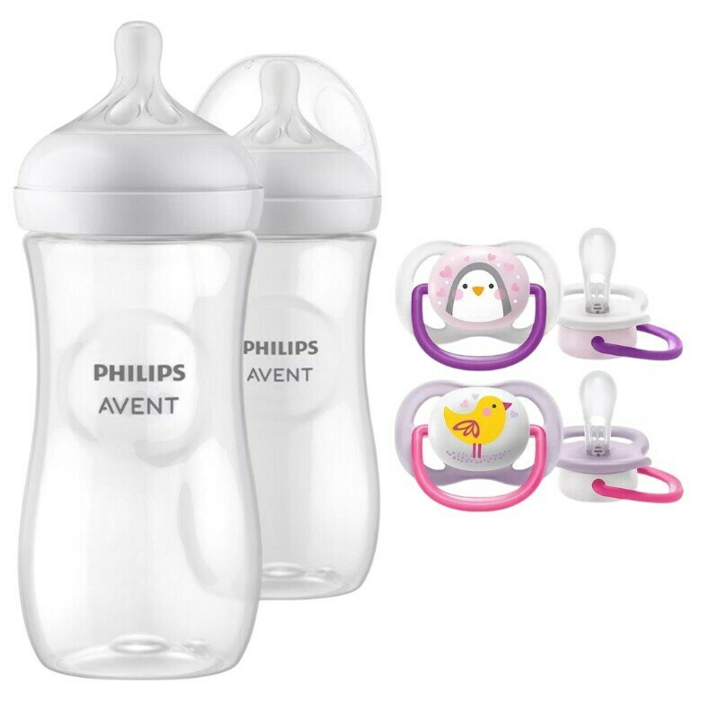 Set ingrijire Philips Avent: Biberon anticolici, Natural Response, 330 ml, 3 luni+, 2 buc + Suzete Ultra Air, 2 buc, 0-6 luni, Din silicon, Roz/Mov