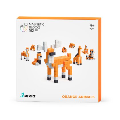 Pixio - Set joc constructii magnetice  Orange Animals, 162 piese, aplicatie gratuita iOS sau Android