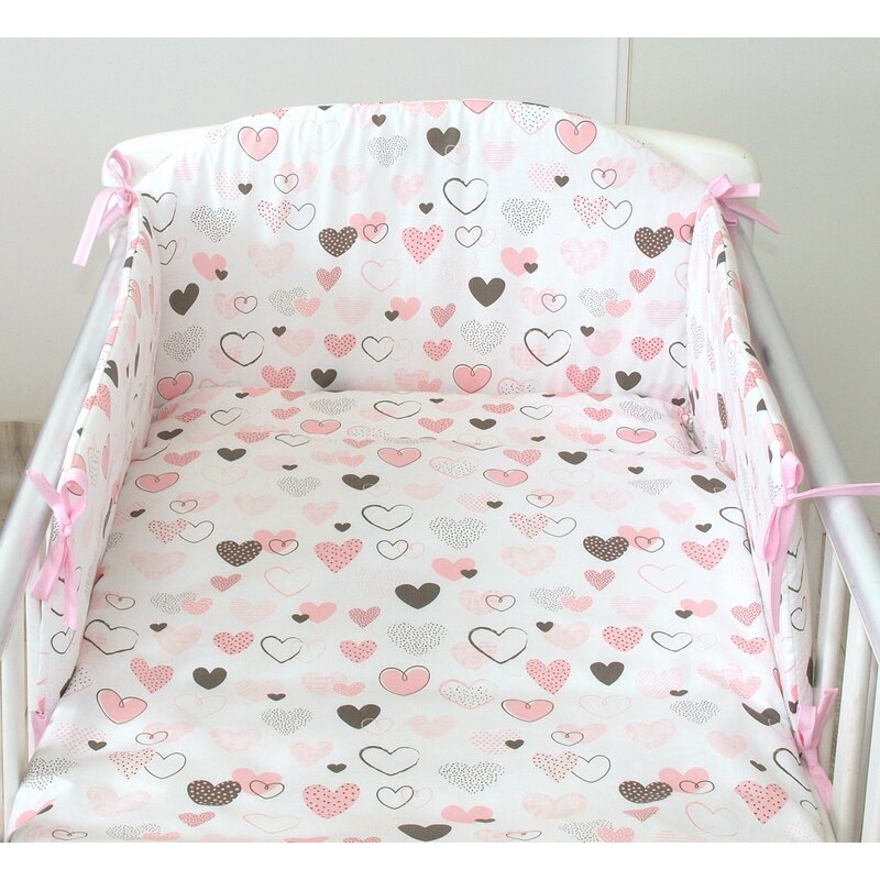 Amy - Set lenjerie din bumbac cu protectie laterala pentru pat bebe 120 x 60 cm, Inimioare ,