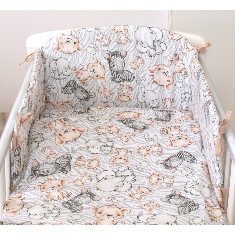 Amy - Set lenjerie din bumbac cu protectie laterala pentru pat bebe 120 x 60 cm, Safari Bej ,