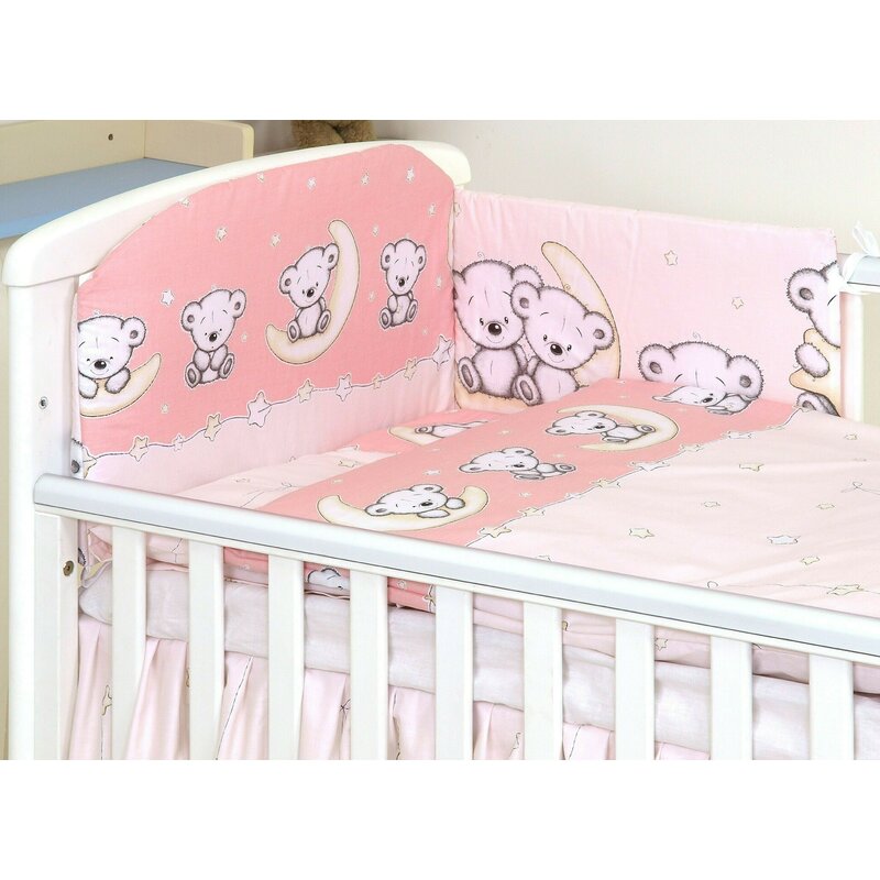 Amy - lenjerie 3 piese cu protectie laterala teddy bear din bumbac, 120x60 cm, roz