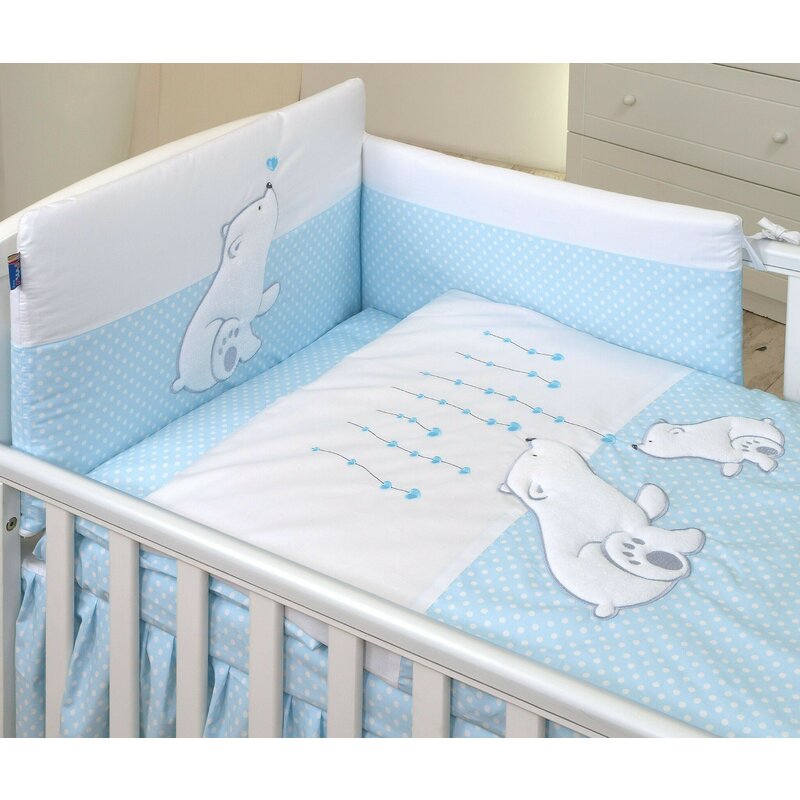 Amy - lenjerie 3 piese cu protectie laterala bear heart din bumbac, 120x60 cm, albastru
