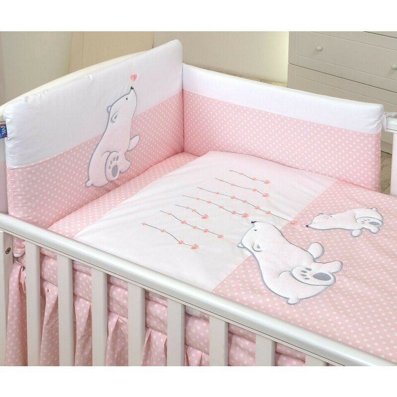 Amy - lenjerie 3 piese cu protectie laterala bear heart din bumbac, 120x60 cm, roz