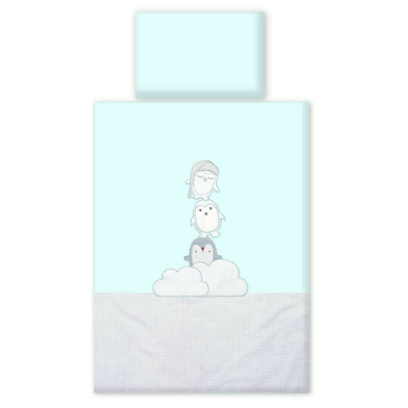 Amy - lenjerie 3 piese cu protectie laterala pinguin din bumbac, 120x60 cm, verde