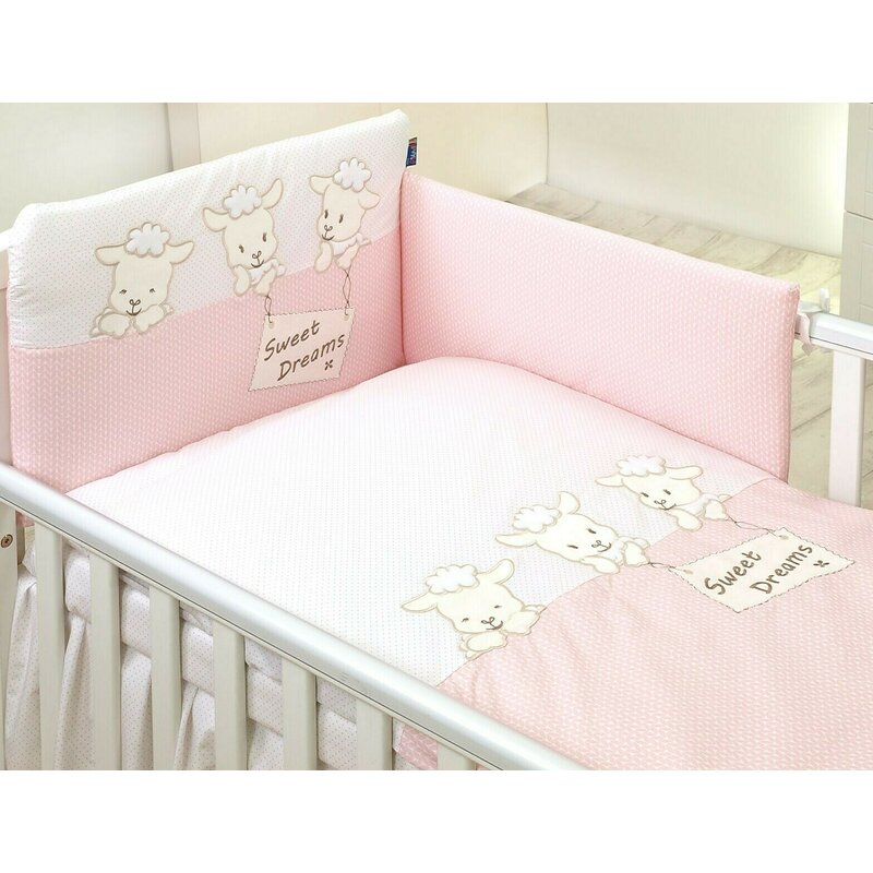 Amy - lenjerie 3 piese cu protectie laterala sweet dreams din bumbac, 120x60 cm, roz