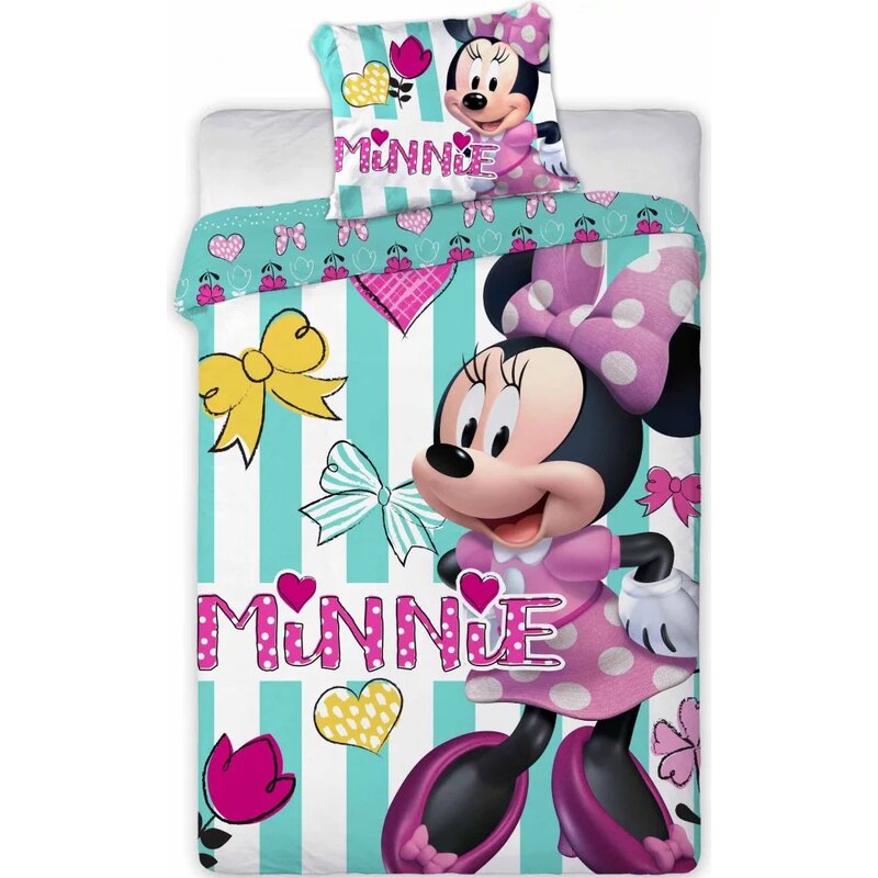 SunCity - Lenjerie 2 piese Stripes , Minnie Mouse, Husa perna 60x40 cm, 135x100 cm, Turcoaz