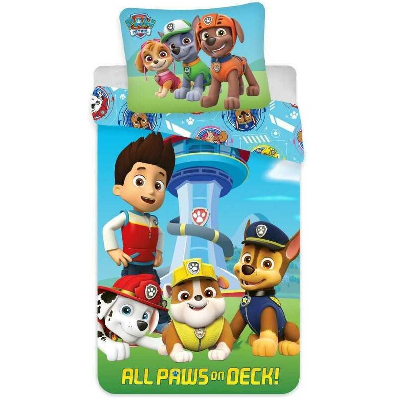 SunCity - Lenjerie 2 piese All Paws On Deck 60x40 cm, 135x100 cm Paw Patrol din Bumbac, Albastru