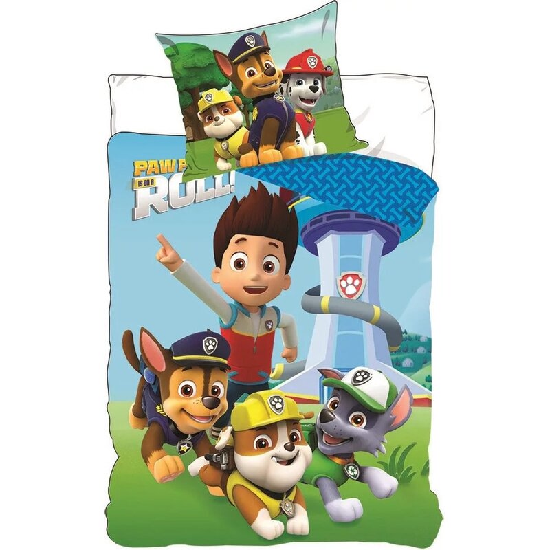 Suncity - lenjerie 2 piese roll cu fata de perna 60x40 cm paw patrol din bumbac, 135x100 cm, albastru
