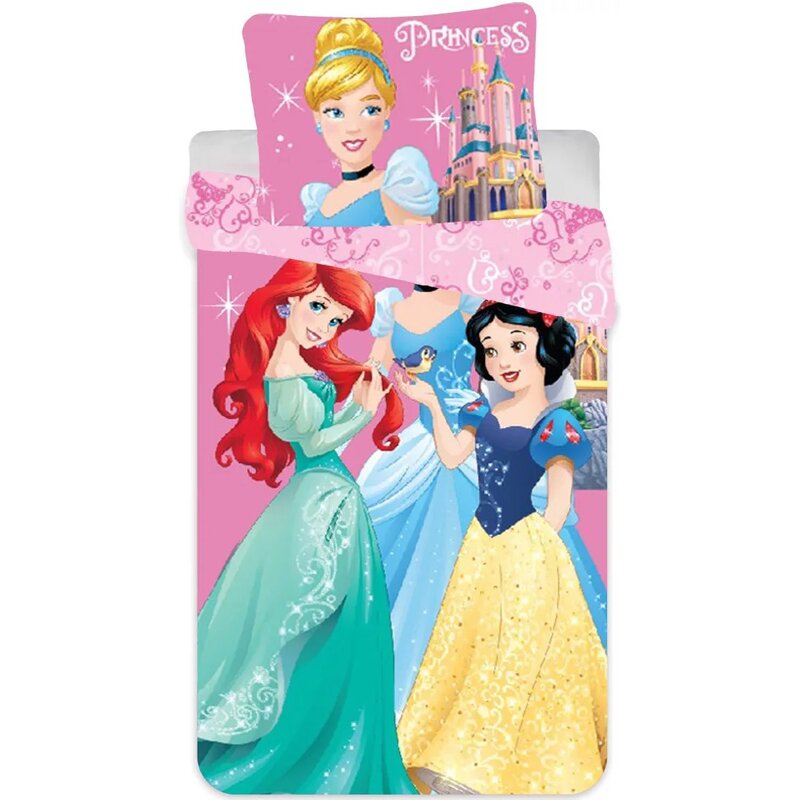 Suncity - lenjerie 2 piese ariel, cinderella and snow white , disney princess, husa perna 60x40 cm, 135x100 cm, roz