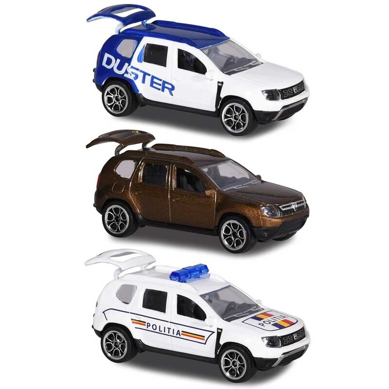 Majorette - Set Dacia Duster masina alb albastru, masina maro si masina de politie