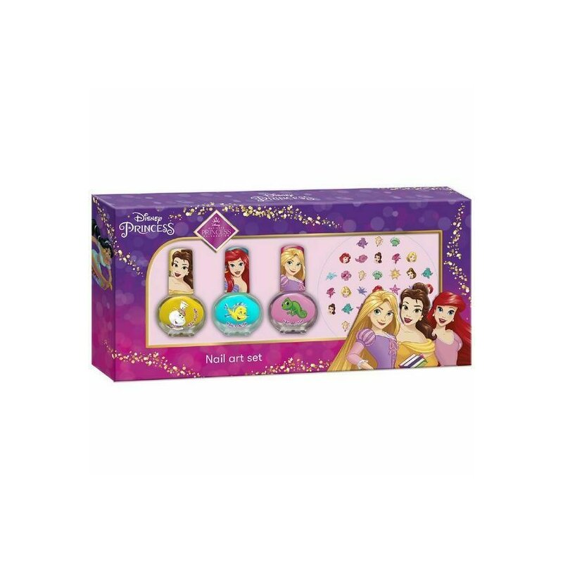 Set manichiura pentru fetite, 3 lacuri de unghii si modele de lipit pe unghii, printesele disney