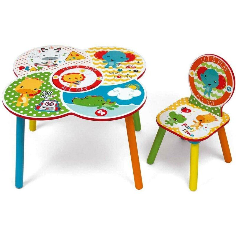 Fisher price - set multifunctional masuta cu 1 scaunel it's giggle time din lemn, 60x60 cm