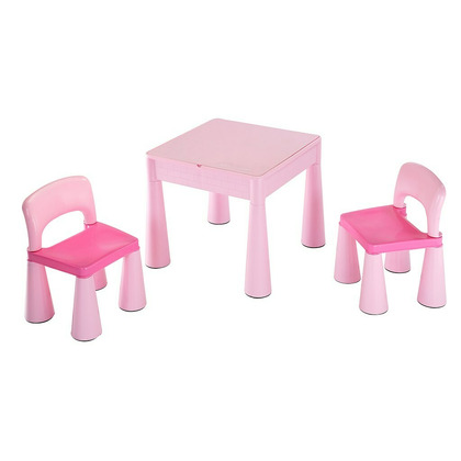 Set masuta si doua scaune pentru copii, Pink, Cu parte detasabila si reversibila, Partea reversibila pentru Lego Duplo, New Baby