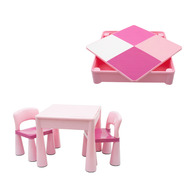 Set masuta si doua scaune pentru copii, Pink, Cu parte detasabila si reversibila, Partea reversibila pentru Lego Duplo, New Baby