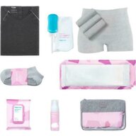 Set maternitate si recuperare, Frida Mom, Camasa alaptare si nastere, Sosete, Recipient perineal, 4 chiloti de unica folosinta, 4 tampoane Ice Maxi, 24 placute racoritoare, Spuma pentru recuperare 150 ml, Geanta organizatoare, Alb/Gri