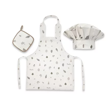 Set Micutul bucatar, MimiNu, Cu sort, o boneta si accesoriu pentru vase calde, Din bumbac certificat Oeko Tex Standard 100, Leaves