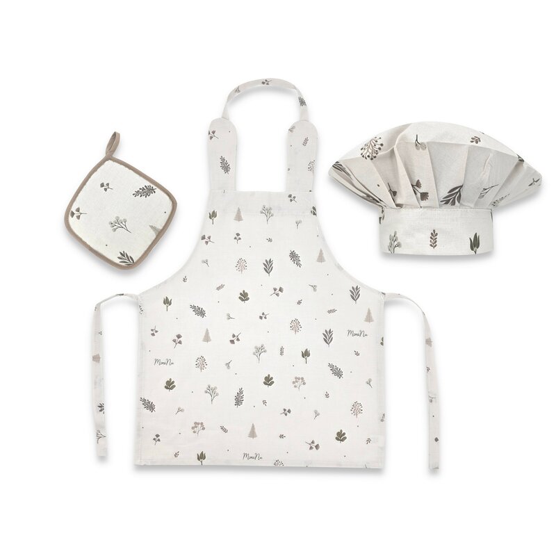 Set Micutul bucatar, MimiNu, Cu sort, o boneta si accesoriu pentru vase calde, Din bumbac certificat Oeko Tex Standard 100, Leaves