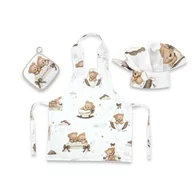 Set Micutul bucatar, MimiNu, Cu sort, o boneta si accesoriu pentru vase calde, Din bumbac certificat Oeko Tex Standard 100, Tedy bear dreams beige