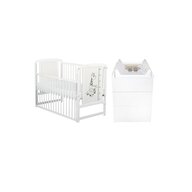 Set mobilier pentru copii, BabyNeeds: Patut din lemn de pin si MDF, cu laterala culisanta si somiera reglabila in 3 trepte, Timmi Girafa, 120x60 cm + Saltea cocos-burete-cocos, 8 cm + Comoda cu masuta de infasat, Alb
