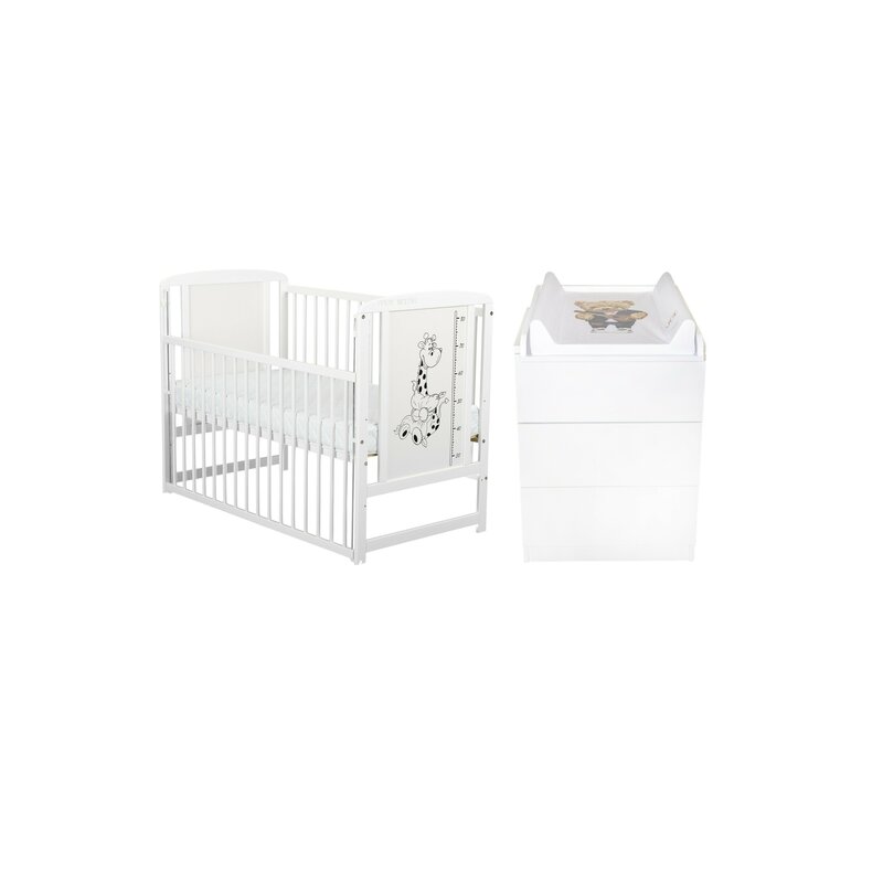 Set mobilier pentru copii, BabyNeeds: Patut din lemn de pin si MDF, cu laterala culisanta si somiera reglabila in 3 trepte, Timmi Girafa, 120x60 cm + Saltea cocos-burete-cocos, 8 cm + Comoda cu masuta de infasat, Alb