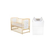 Set mobilier pentru copii, BabyNeeds: Patut din lemn de pin, cu laterala culisanta din lemn de pin si MDF, somiera reglabila in 3 trepte, Timmi, 120x60 cm + Saltea cocos-burete-cocos, 8 cm + Comoda cu masuta de infasat, Alb/Natur