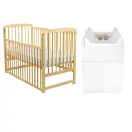 Set mobilier pentru copii, BabyNeeds: Patut din lemn de pin, cu laterala culisanta si somiera reglabila in 3 trepte, Ola, 120x60 cm + Saltea cocos-burete-cocos, 12 cm + Comoda cu masuta de infasat, Alb/Natur