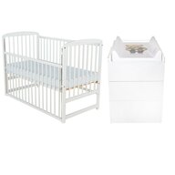 Set mobilier pentru copii, BabyNeeds: Patut din lemn de pin, cu laterala culisanta si somiera reglabila in 3 trepte, Ola, 120x60 cm + Saltea cocos-burete-cocos, 8 cm + Comoda cu masuta de infasat, Alb