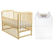 Set mobilier pentru copii, BabyNeeds: Patut din lemn de pin, cu laterala culisanta si somiera reglabila in 3 trepte, Ola, 120x60 cm + Saltea cocos-burete-cocos, 8 cm + Comoda cu masuta de infasat, Alb/Natur