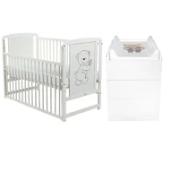 Set mobilier pentru copii, BabyNeeds: Patut din lemn de pin, cu laterala culisanta si somiera reglabila in 3 trepte, Timmi, 120x60 cm + Saltea cocos-burete-cocos, 10 cm + Comoda cu masuta de infasat, Alb