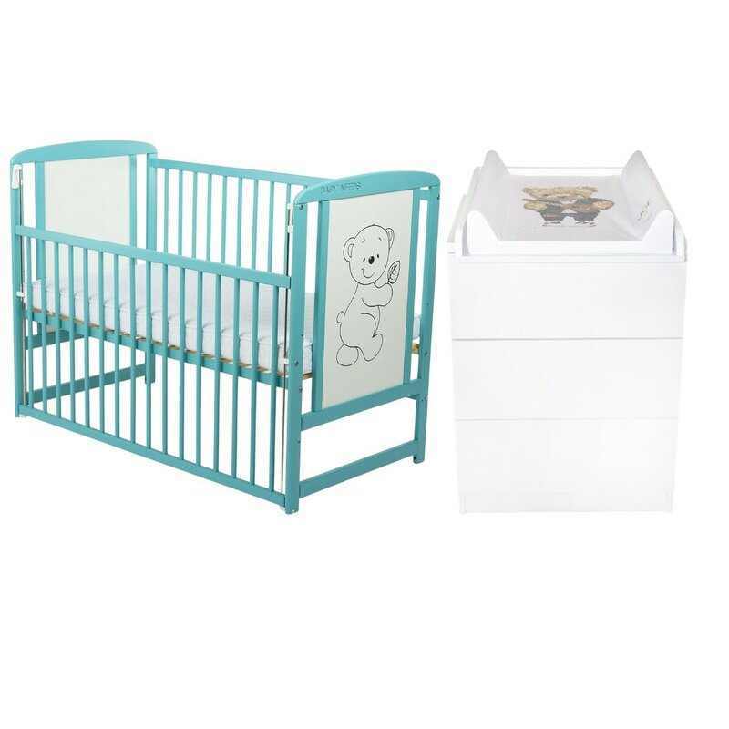 Set mobilier pentru copii, BabyNeeds: Patut din lemn de pin, cu laterala culisanta si somiera reglabila in 3 trepte, Timmi, 120x60 cm + Saltea cocos-burete-cocos, 10 cm + Comoda cu masuta de infasat, Alb/Mint