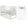 Set mobilier pentru copii, BabyNeeds: Patut din lemn de pin, cu laterala culisanta si somiera reglabila in 3 trepte, Timmi, 120x60 cm + Saltea cocos-burete-cocos, 12 cm + Comoda cu masuta de infasat, Alb - 1