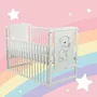Set mobilier pentru copii, BabyNeeds: Patut din lemn de pin, cu laterala culisanta si somiera reglabila in 3 trepte, Timmi, 120x60 cm + Saltea cocos-burete-cocos, 12 cm + Comoda cu masuta de infasat, Alb - 4