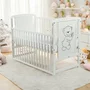 Set mobilier pentru copii, BabyNeeds: Patut din lemn de pin, cu laterala culisanta si somiera reglabila in 3 trepte, Timmi, 120x60 cm + Saltea cocos-burete-cocos, 12 cm + Comoda cu masuta de infasat, Alb - 5