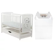 Set mobilier pentru copii, BabyNeeds: Patut din lemn de pin, cu sertar cu capac si somiera reglabila in 3 trepte, Timmi, 120x60 cm + Saltea cocos-burete-cocos, 10 cm + Comoda cu masuta de infasat, Alb