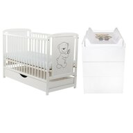Set mobilier pentru copii, BabyNeeds: Patut din lemn de pin, cu sertar cu capac si somiera reglabila in 3 trepte, Timmi, 120x60 cm + Saltea cocos-burete-cocos, 8 cm + Comoda cu masuta de infasat, Alb