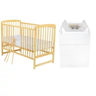 Set mobilier pentru copii, Babyneeds: Patut din lemn de pin, cu somiera reglabila in 3 trepte, Ola, 120x60 cm + Saltea cocos-burete-cocos, 10 cm + Comoda cu masuta de infasat, Alb/Natur