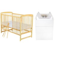 Set mobilier pentru copii, Babyneeds: Patut din lemn de pin, cu somiera reglabila in 3 trepte, Ola, 120x60 cm + Saltea cocos-burete-cocos, 8 cm + Comoda cu masuta de infasat, Alb/Natur