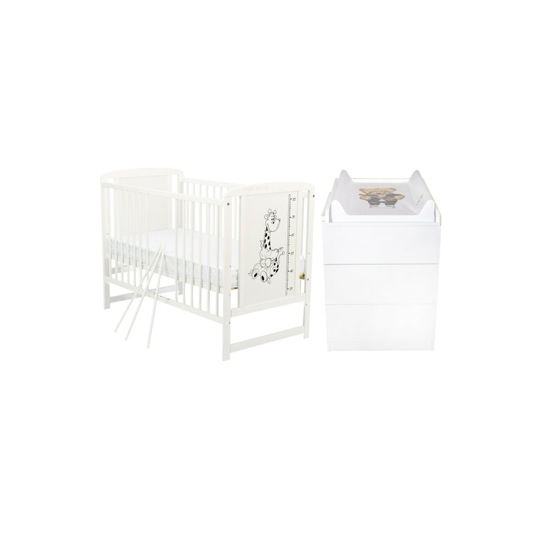 Set mobilier pentru copii, BabyNeeds: Patut din lemn de pin, cu somiera reglabila in 3 trepte, Timmi Girafa, 120x60 cm + Saltea cocos-burete 10 cm + Comoda cu masa de infasat, Alb
