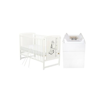 Set mobilier pentru copii, BabyNeeds: Patut din lemn de pin, cu somiera reglabila in 3 trepte, Timmi Girafa, 120x60 cm + Saltea cocos-burete 12 cm + Comoda cu masa de infasat, Alb